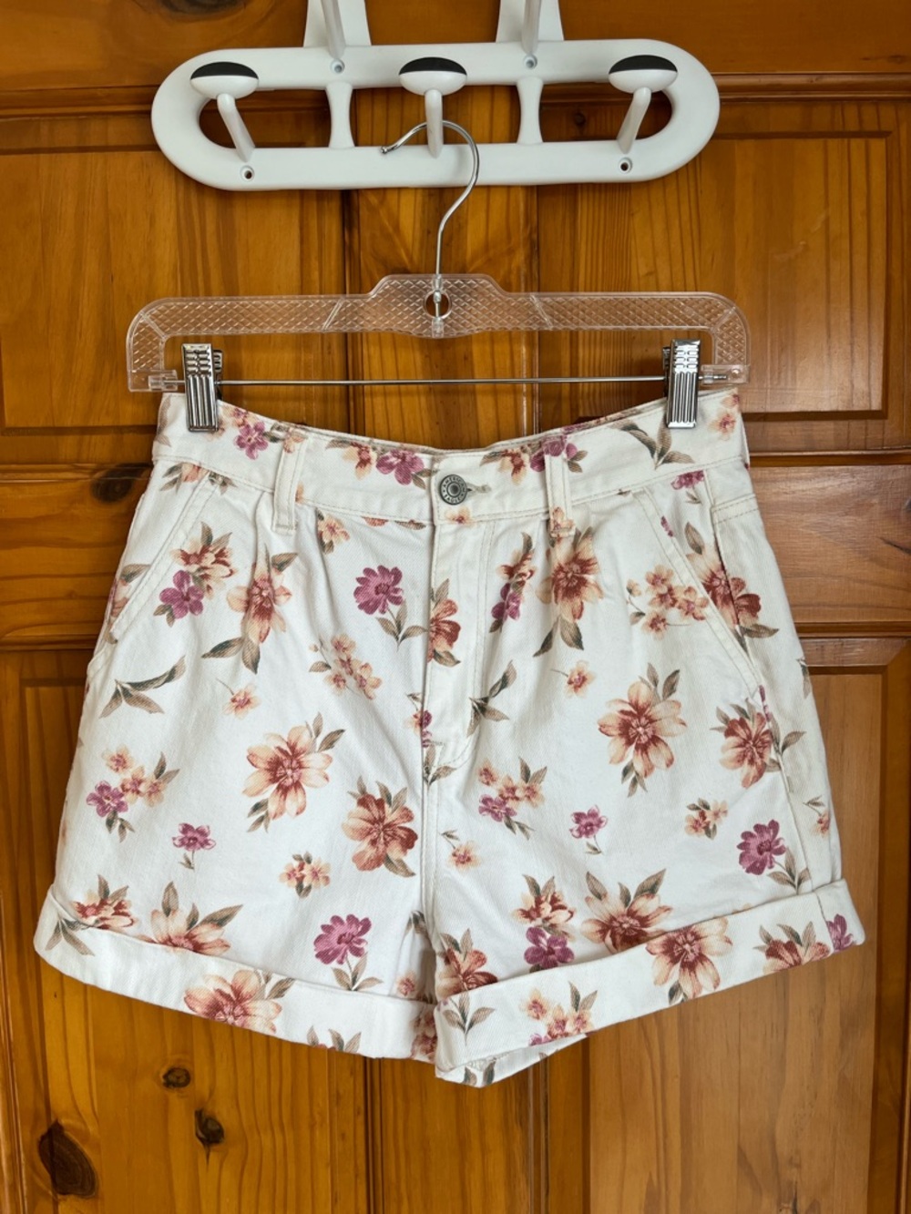 Floral Print Cotton Shorts - White with Pink & Tan Flowers